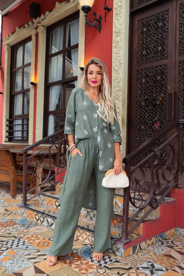 Conjunto Martina Linho Italiano Verde Militar - Loja Linho Italiano
