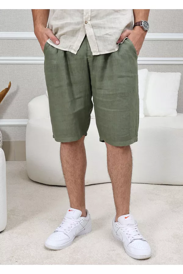 Bermuda Masculina Benício Linho Italiano Verde Mil... - Loja Linho Italiano