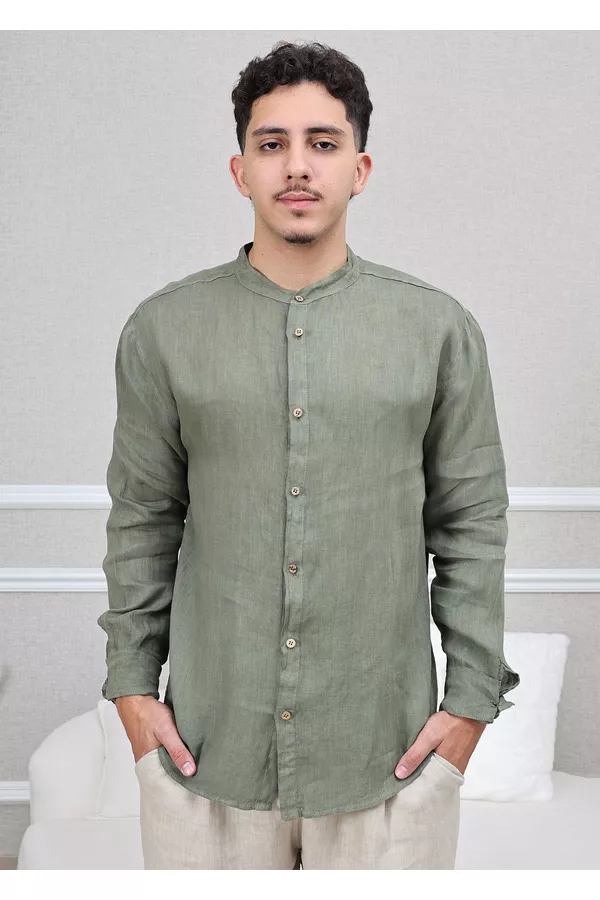 Camisa Masculina Enrico Linho Italiano Verde Milit... - Loja Linho Italiano
