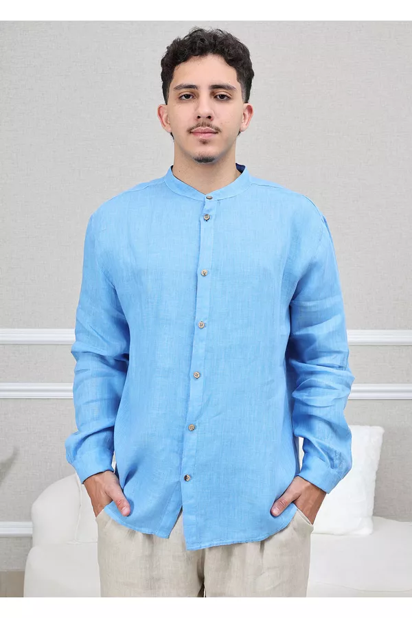 Camisa Masculina Enrico Linho Italiano Azul Hortên... - Loja Linho Italiano