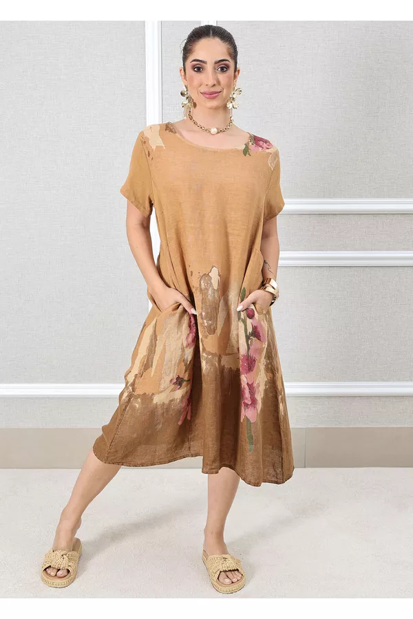 VESTIDO GIOVANA CARAMELO - Loja Linho Italiano