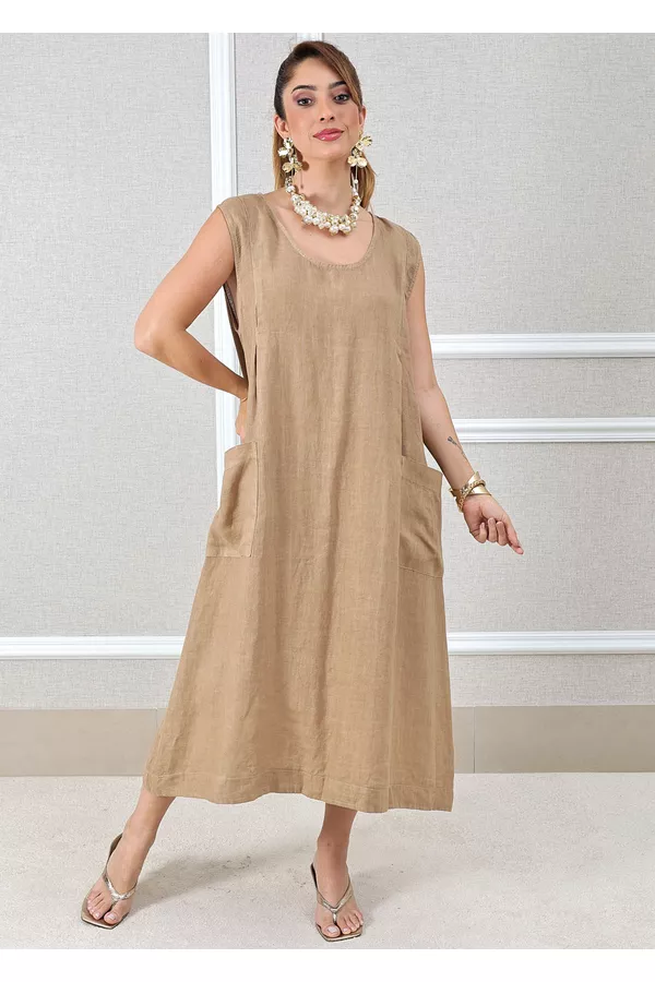 VESTIDO FRANCINE CARAMELO - Loja Linho Italiano