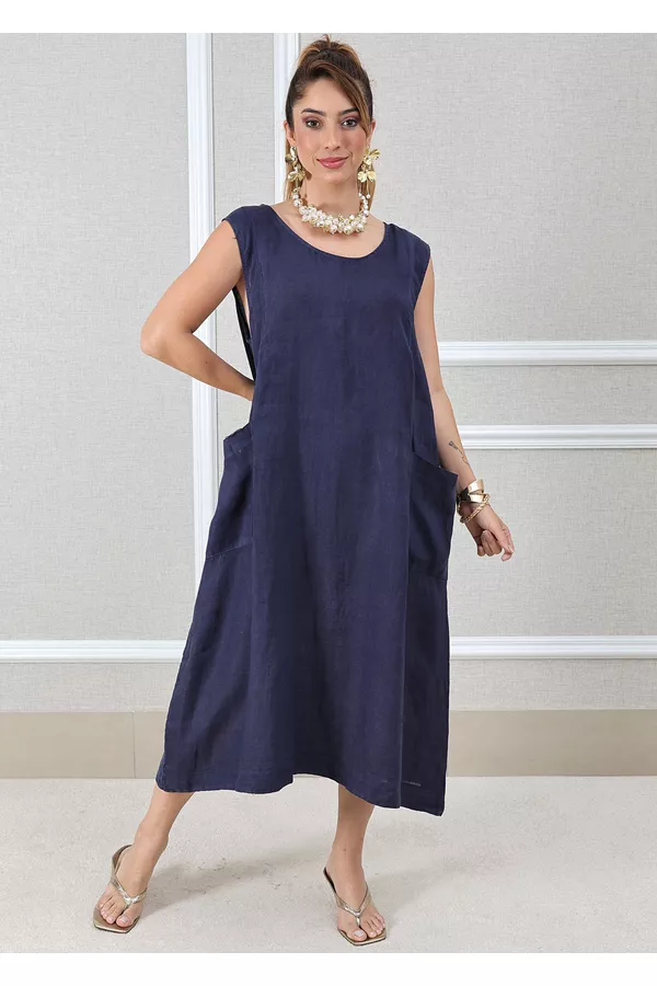 VESTIDO FRANCINE AZUL MARINHO - Loja Linho Italiano