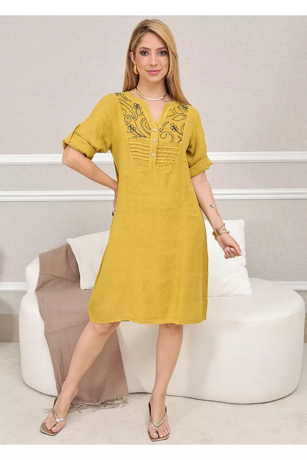 VESTIDO FELOMENA MOSTARDA - Loja Linho Italiano