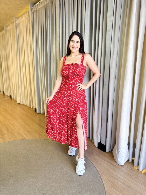 VESTIDO MIDI VISCOLINHO FENDA ESTAMPADO VERMELHO