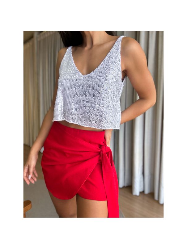 MAXI CROPPED PAETÊ ALÇA FINA BRANCO/PRATA