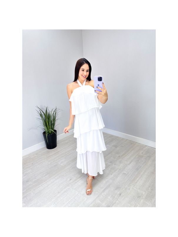 VESTIDO LONGO CREPE BABADOS BRANCO