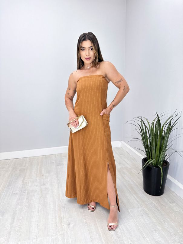 VESTIDO LONGO SEM ALÇA BOLSOS LISTRADO TERRACOTA