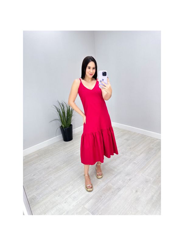 VESTIDO MIDI LINHO BABADO BARRA VERMELHO