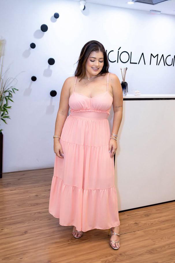 Vestido Cecília Coral | Chiffon Longuete com Babad... - LUCIOLA MAGNO