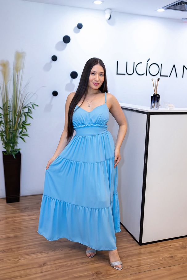 Vestido Cecília Azul | Chiffon Longuete com Babado... - LUCIOLA MAGNO