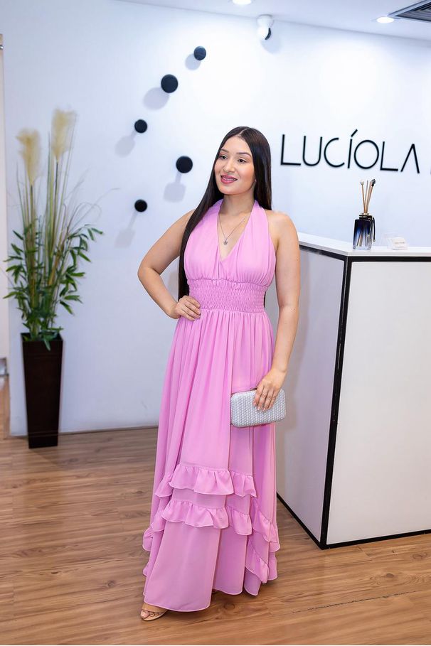 Vestido Marisol Rosa| Crepe Seda, Decote em V e Am... - LUCIOLA MAGNO