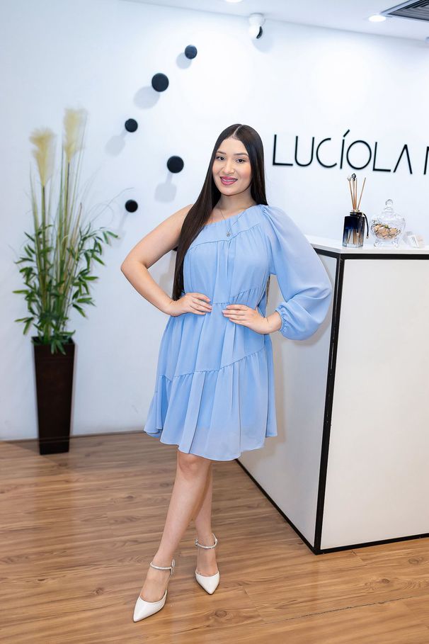 Vestido Bianca Curto em Chiffon Azul | Ombro Único... - LUCIOLA MAGNO