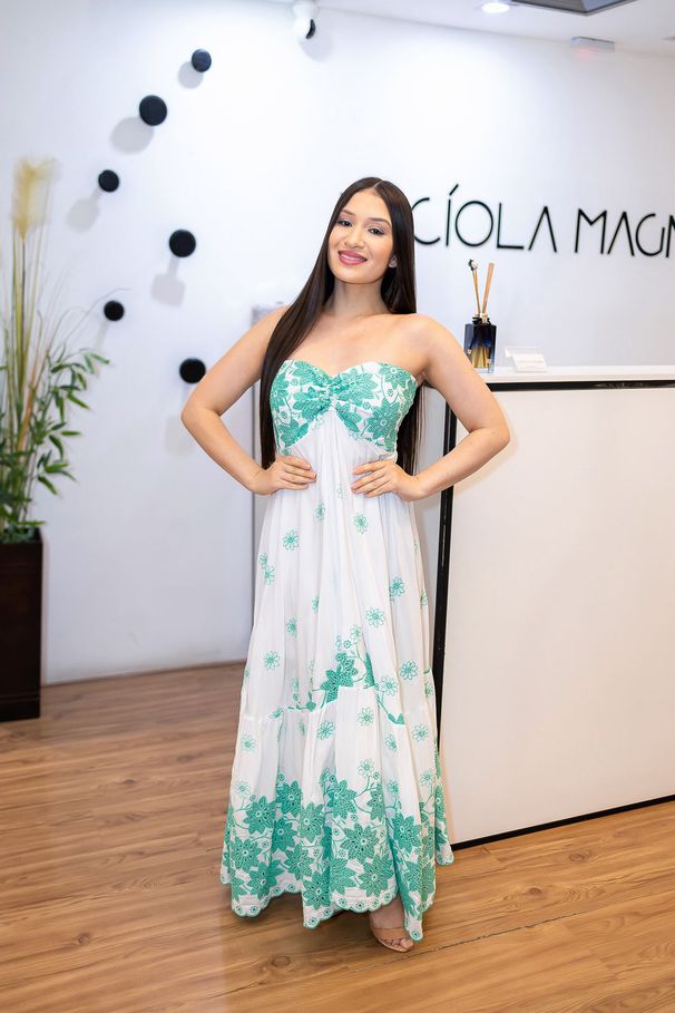 Vestido Gabriely Lese Verde | Modelo Longo com Boj... - LUCIOLA MAGNO