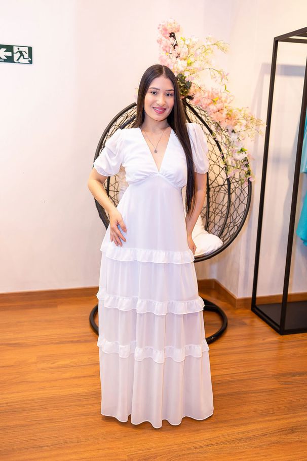 Vestido José Maria Branco | Decote Profundo e Mang... - LUCIOLA MAGNO