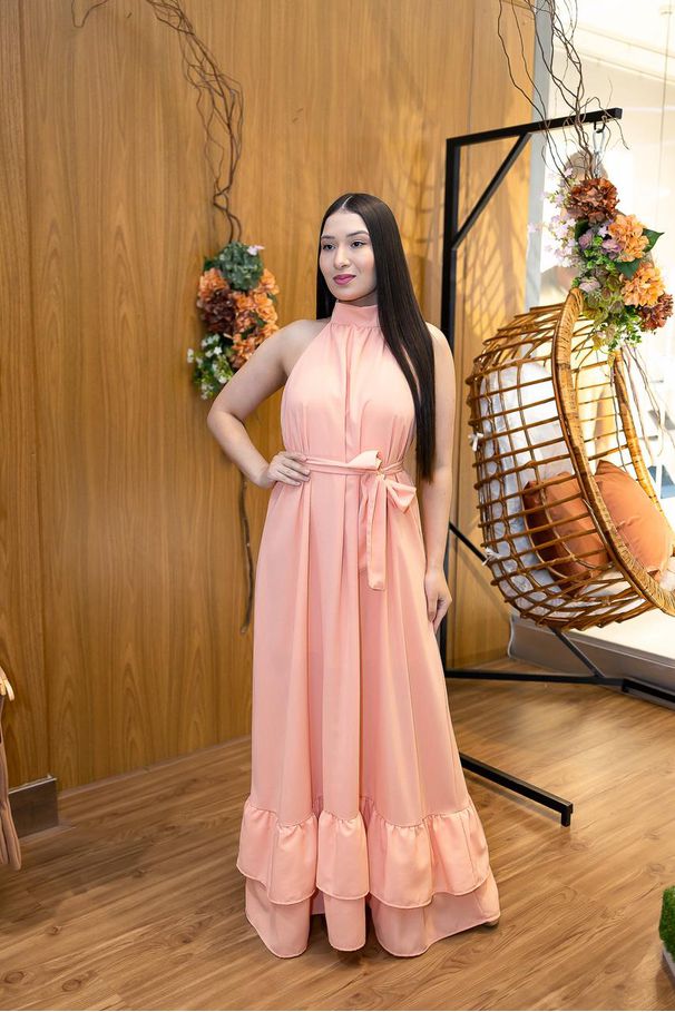 Vestido Longo Kendall em Tecido Viscolinho Salmão ... - LUCIOLA MAGNO