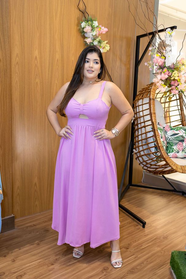 Vestido Maria Midi Viscolinho Lilás | Decote Princ... - LUCIOLA MAGNO