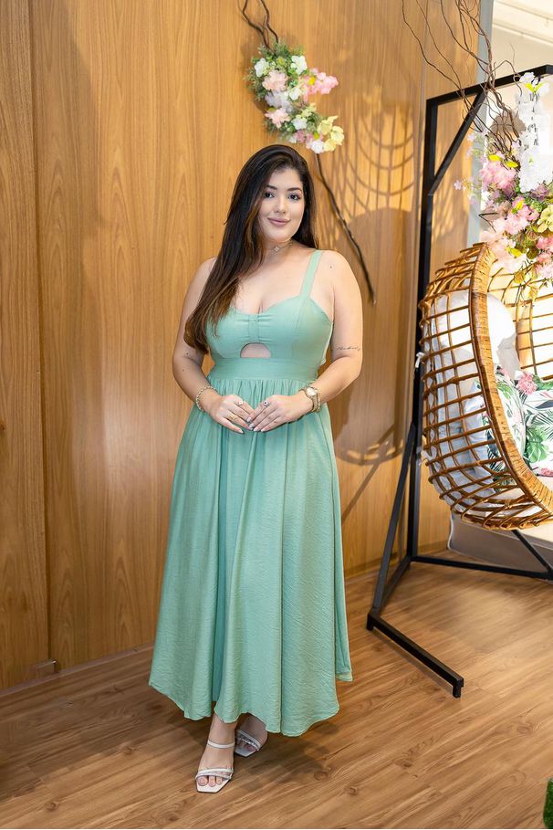 Vestido Maria Midi Viscolinho Verde Menta | Decote... - LUCIOLA MAGNO