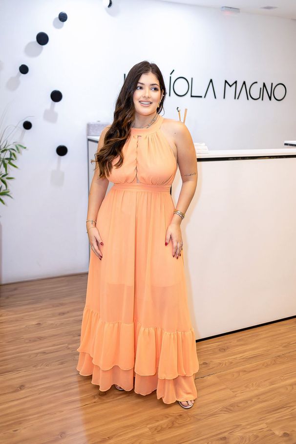 Vestido Nathalia Laranja | Gola Alta e Cintura Mar... - LUCIOLA MAGNO