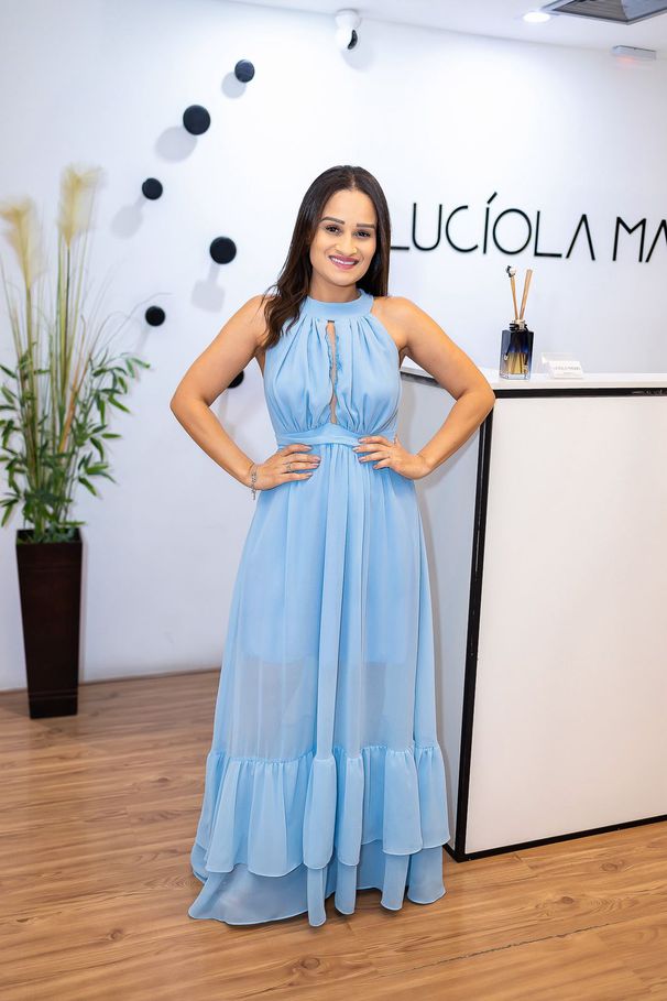 Vestido Nathalia Azul | Gola Alta e Cintura Marcad... - LUCIOLA MAGNO