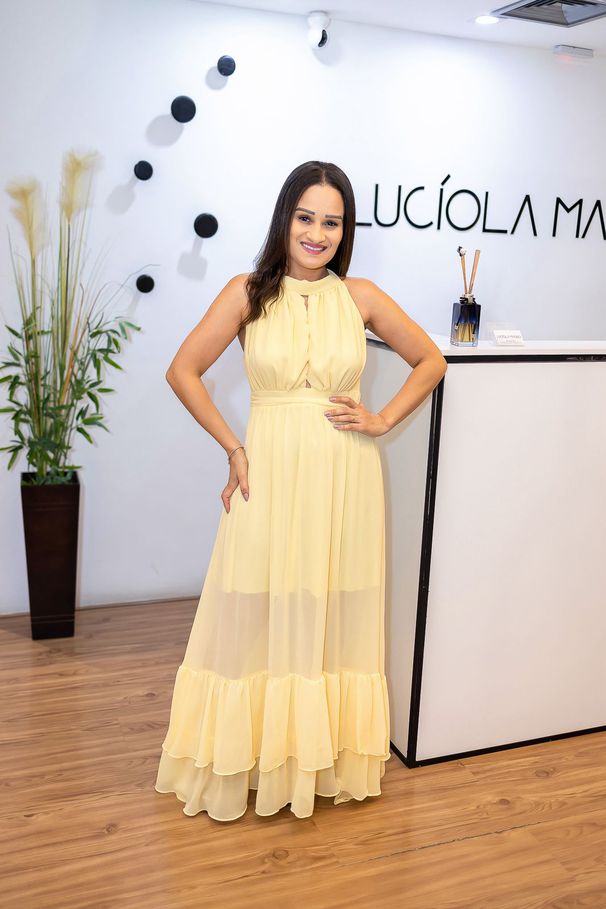 Vestido Nathalia Amarelo | Gola Alta e Cintura Mar... - LUCIOLA MAGNO