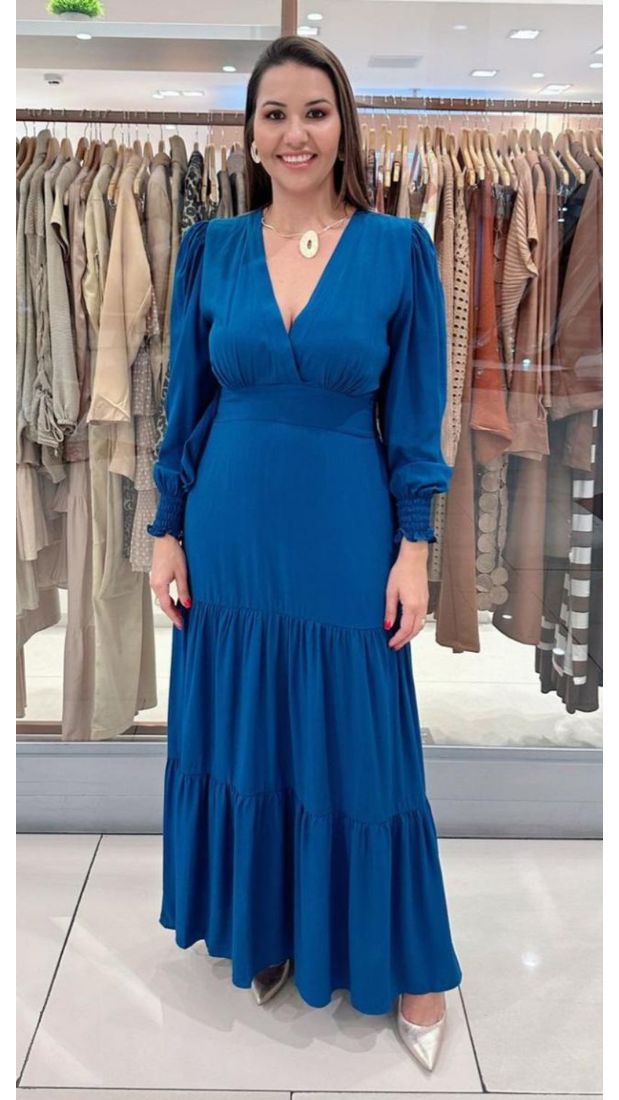 Vestido Longo de Manga Longa Princesa Azul Petróleo