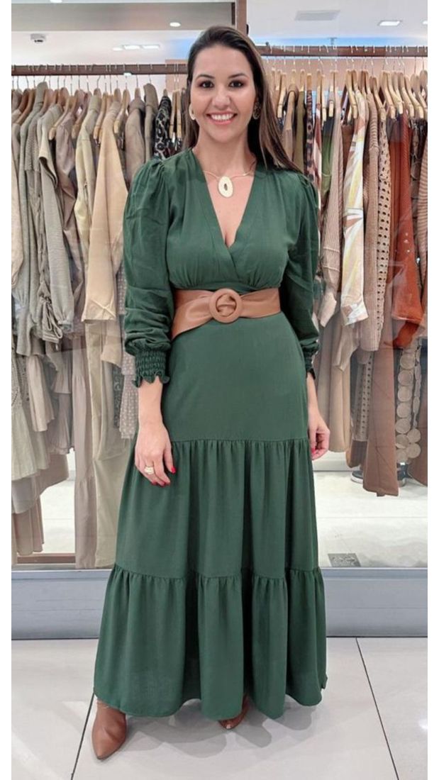 Vestido Longo de Manga Longa Princesa Verde