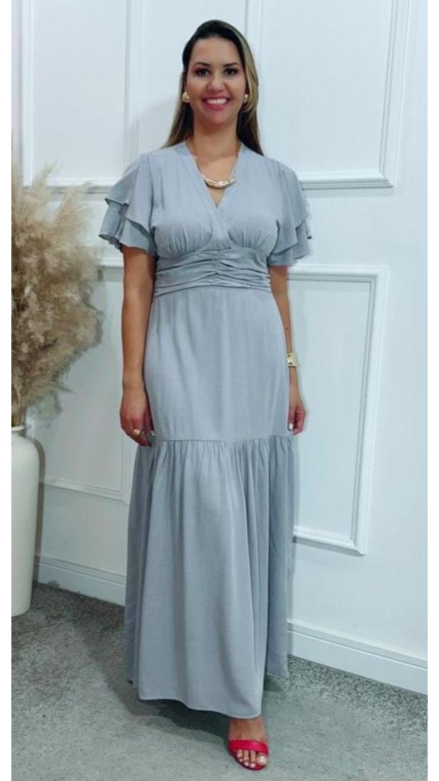 Vestido Estela Manga Dupla Babados Cinza