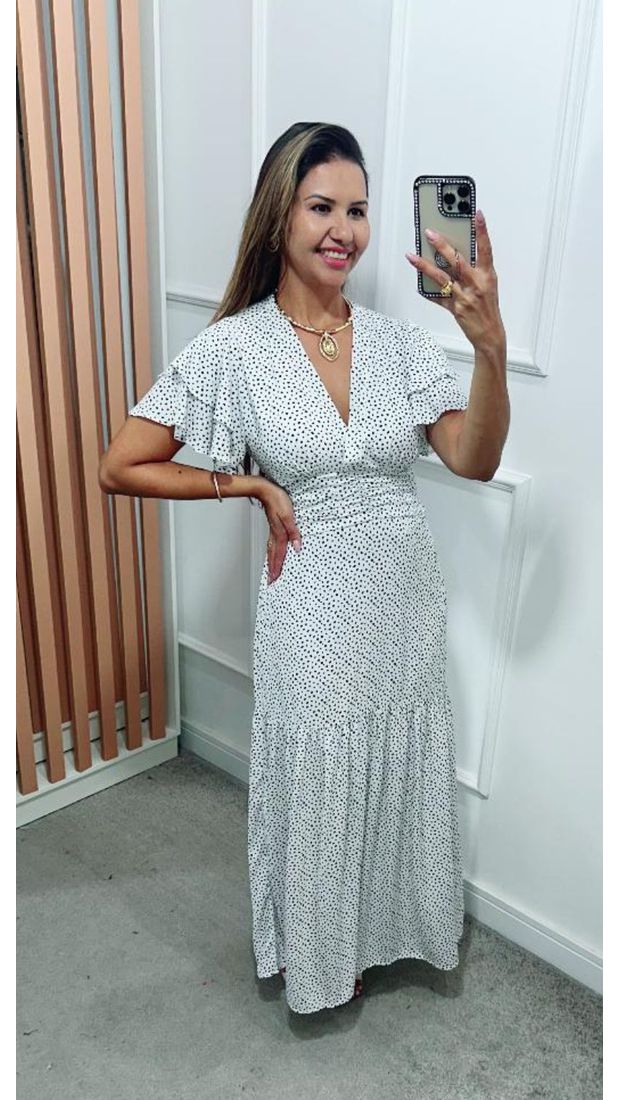 Vestido Estela Manga Dupla Babados Branco Poá