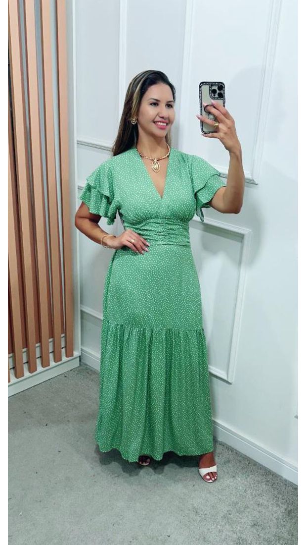 Vestido Estela Manga Dupla Babados Verde Sálvia Poá