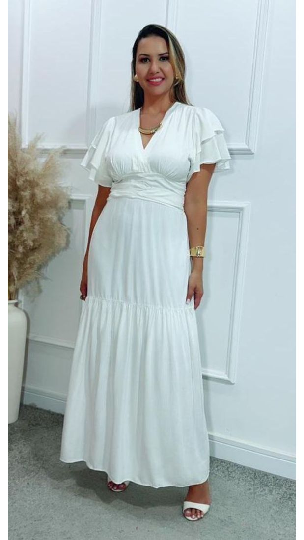 Vestido Estela Manga Dupla Babados Off White