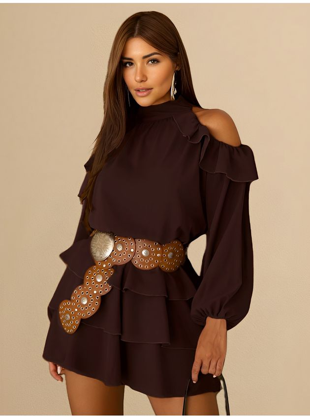 Vestido Curto Elisa Franja Gola Alta - Chocolate