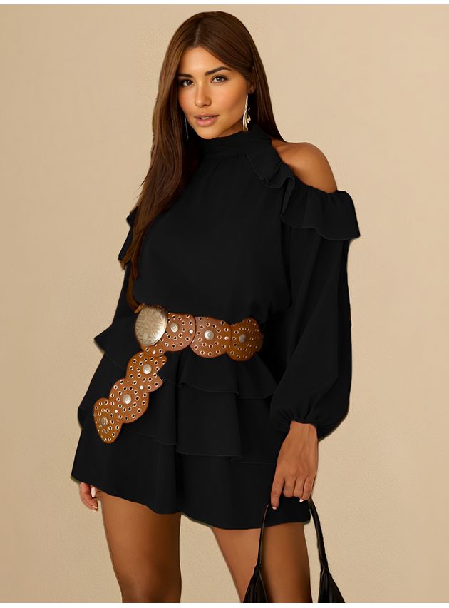 Vestido Curto Elisa Franja Gola Alta - Preto