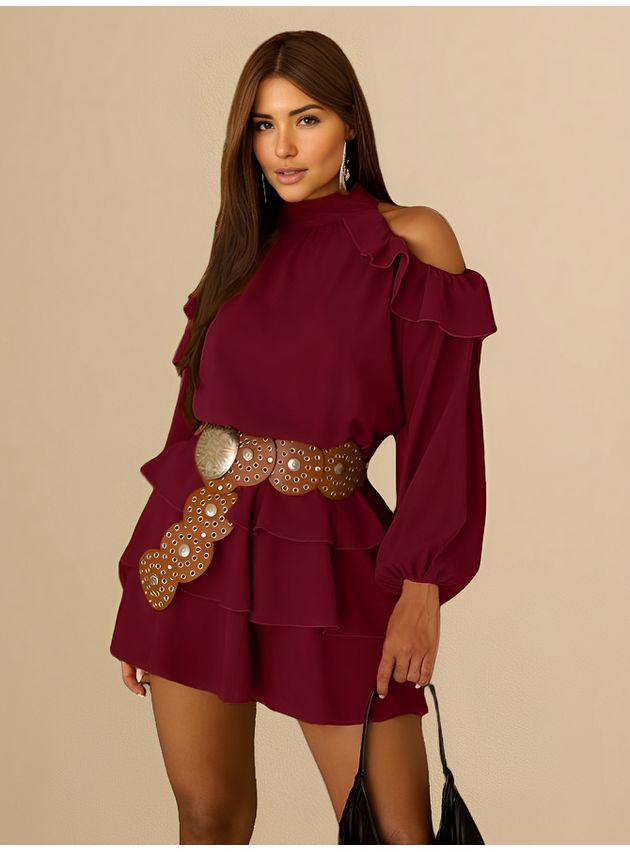 Vestido Curto Elisa Franja Gola Alta - Vinho
