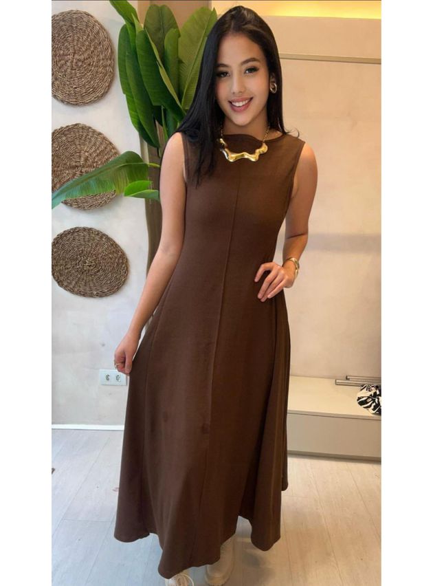 Vestido Gaby Longo Manga Regata - Marrom