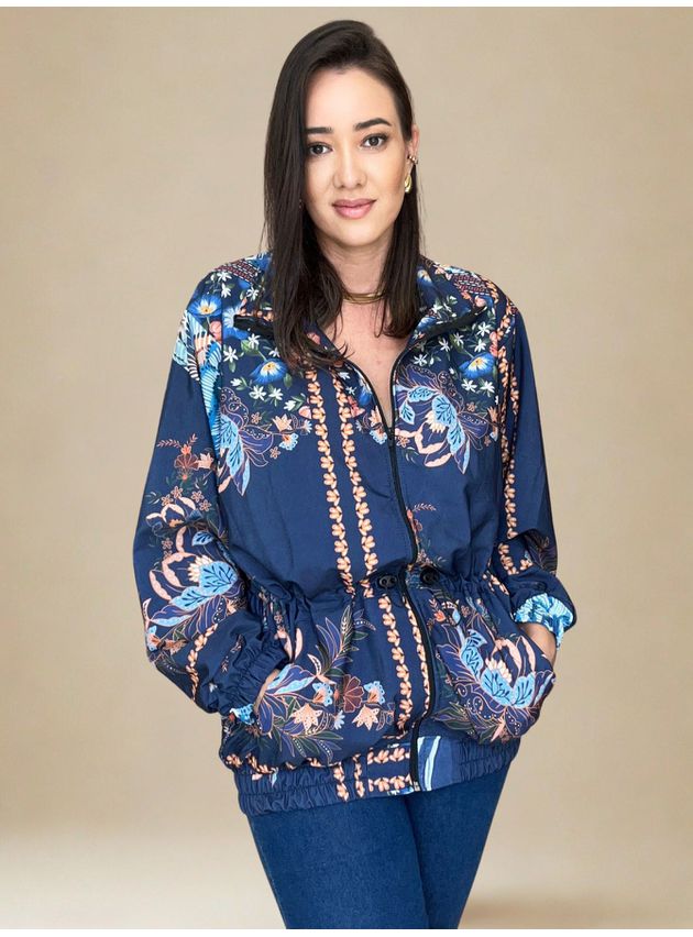Jaqueta Parka Estampa Floral- Azul Escuro