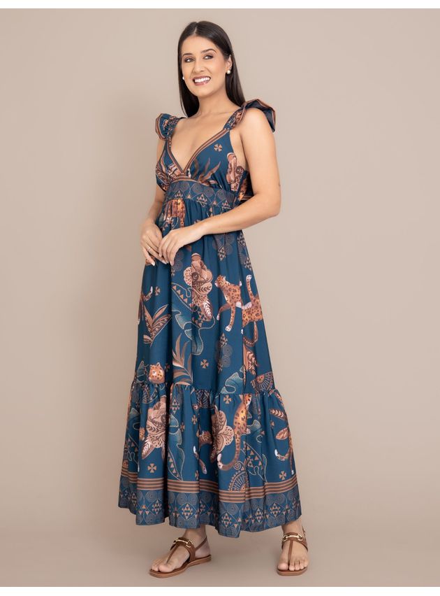 Vestido Longo Camila Estampado Azul Marinho