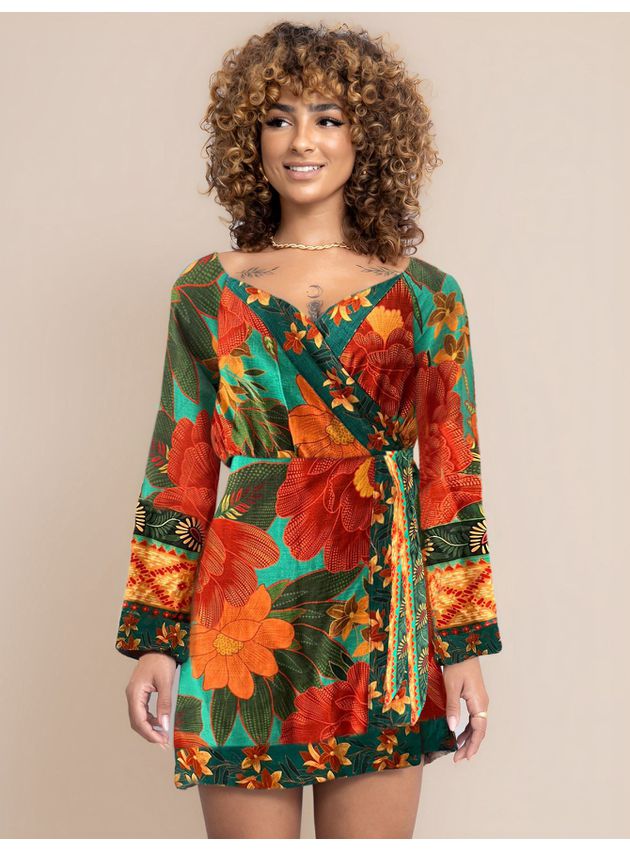 Vestido Curto Florido Manga Flare