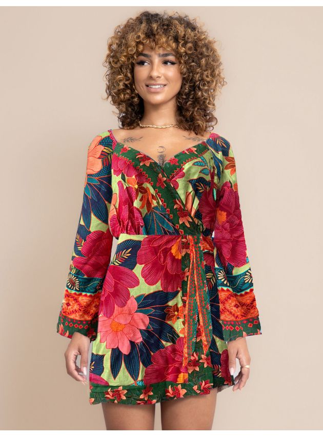 Vestido Curto Florido Manga Flare