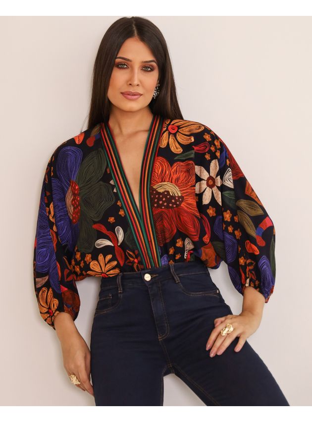 Body Selena Preto Estampado Exclusivo Meimi 