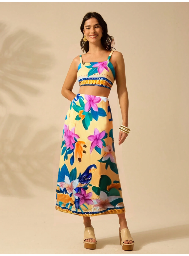 Conjunto Barbara Cropped Alcinha Saia Mid - Amarelo