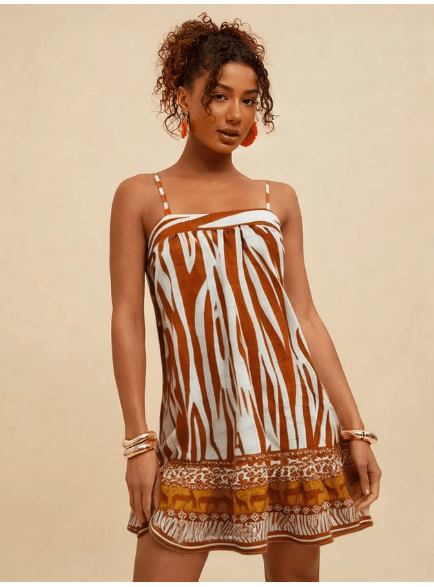 Vestido Nicoly Curto Reto Estampado - Marrom