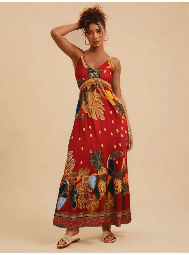 Vestido Clarice Longo Com Babado Floral - Vermelho
