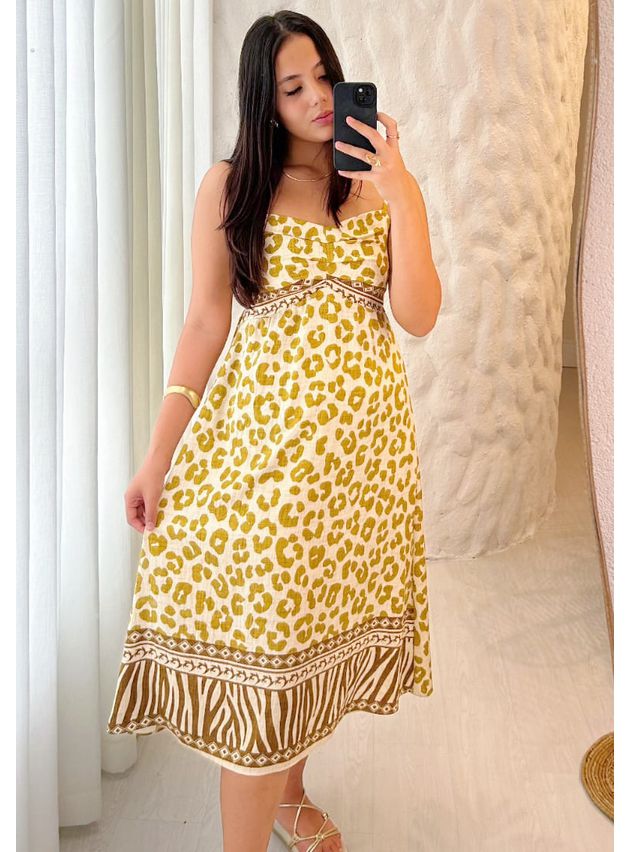 Vestido Midi Luana Estampa Animal Print - Amarelo 