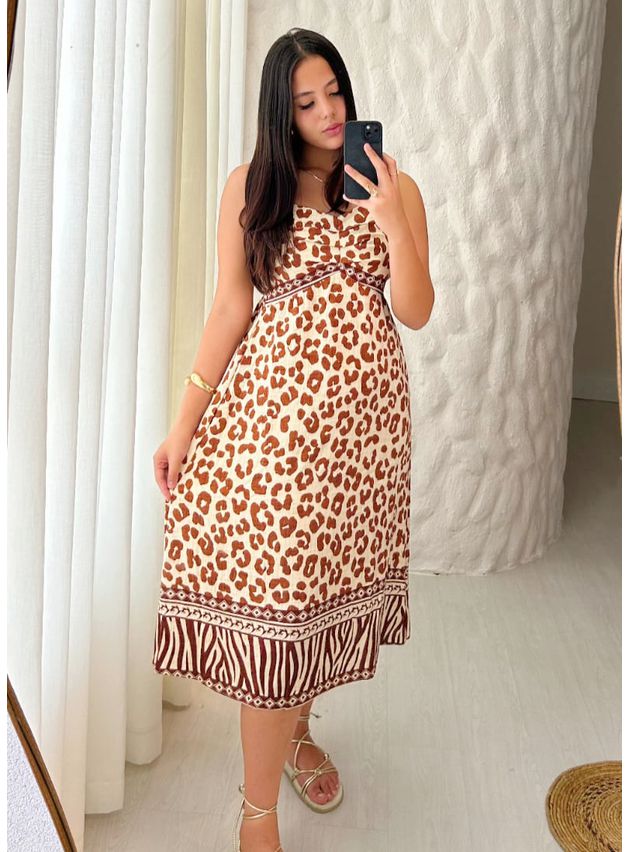 Vestido Midi Luana Estampa Animal Print - Marrom