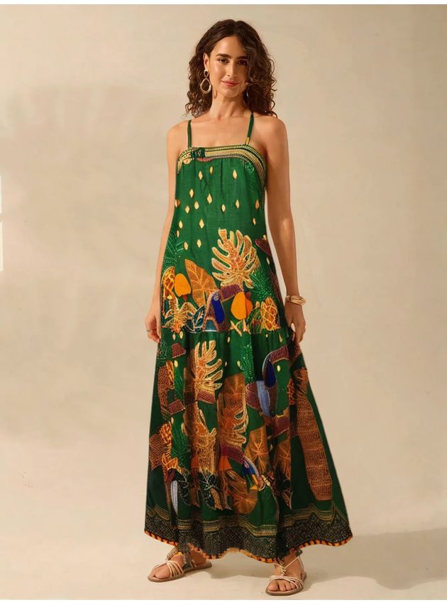 Vestido Longo Maisa Decote Reto Estampa Florida - Verde