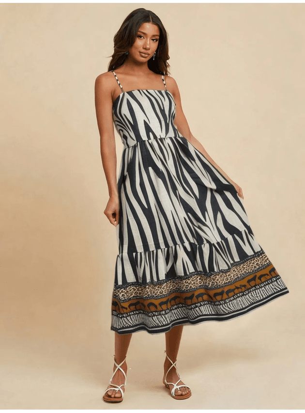 Vestido Mari Midi Animal Print - Preto