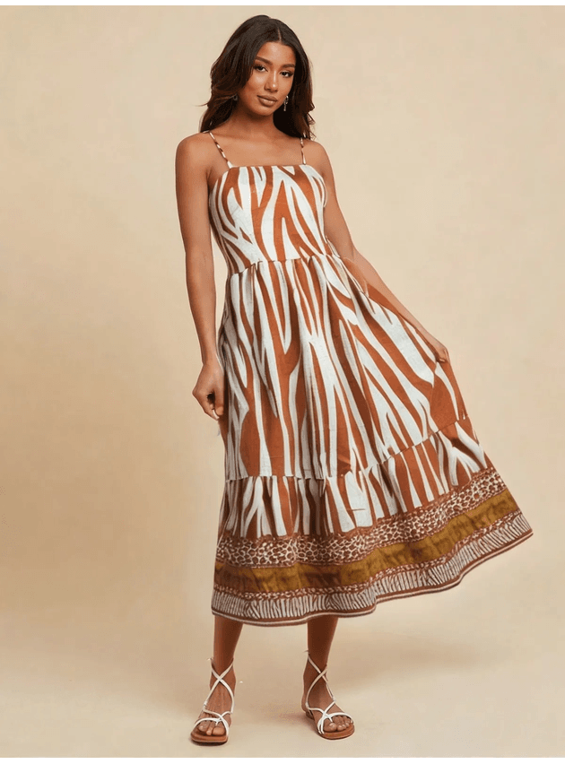 Vestido Mari Midi Animal Print - Marrom