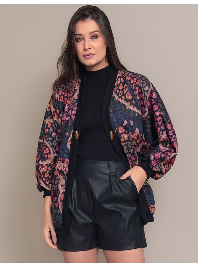 Kimono Feminino Manga Morcego Cardigan Forrado Estampado Caju 