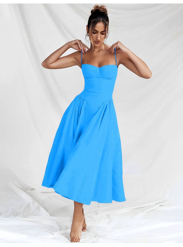 Vestido Feminino Midi Bojo Alça Fina - Azul